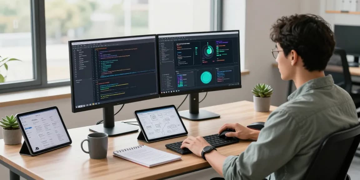 Developer using AI tools 2026 in a modern tech workspace with dual monitors and creative environment.