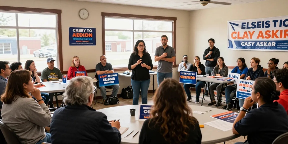 Casey Askar engaging with voters in a vibrant community setting during a town hall meeting.