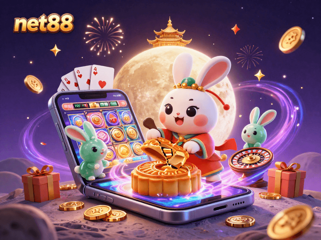 Experience net88's vibrant casino world with a moon rabbit theme and exciting game elements.