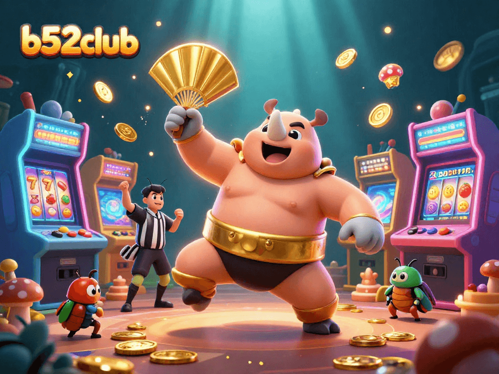 b52club showcases a dynamic casino scene with a beetle champion, coins flying, and arcade elements