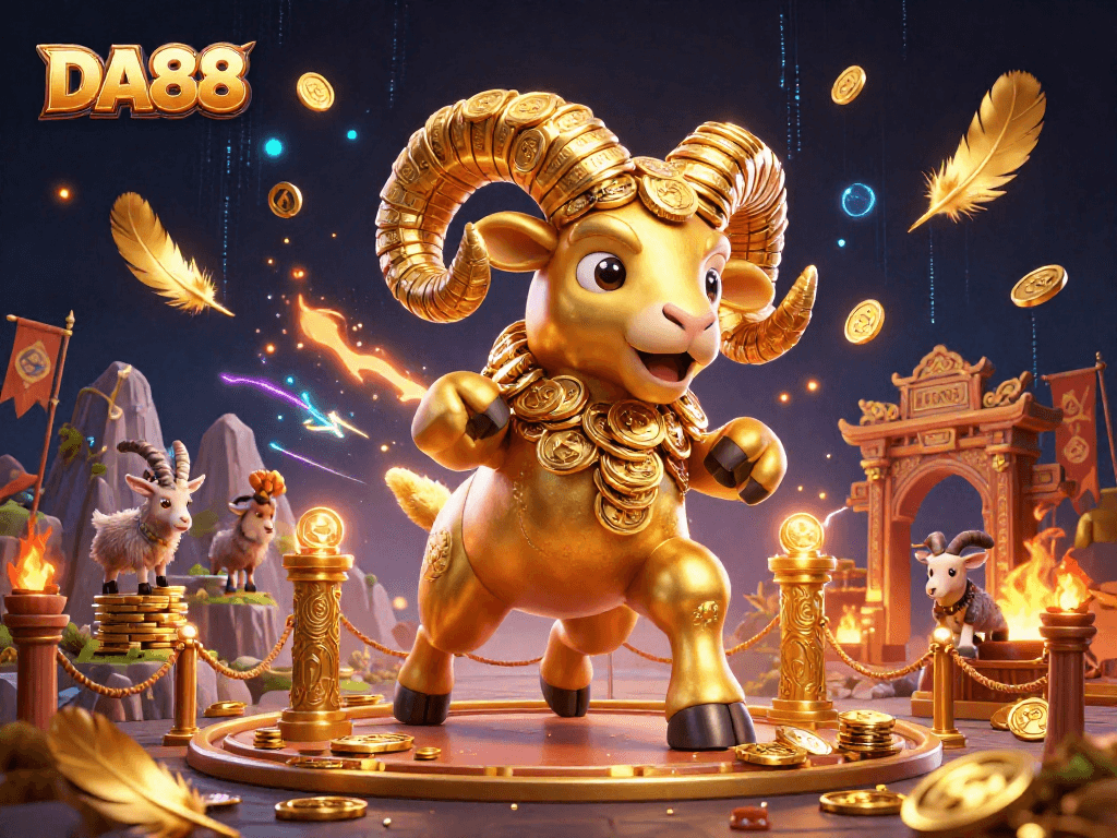 DA88 engages players with a majestic scene of a golden ram charging, embodying thrilling casino spirit.
