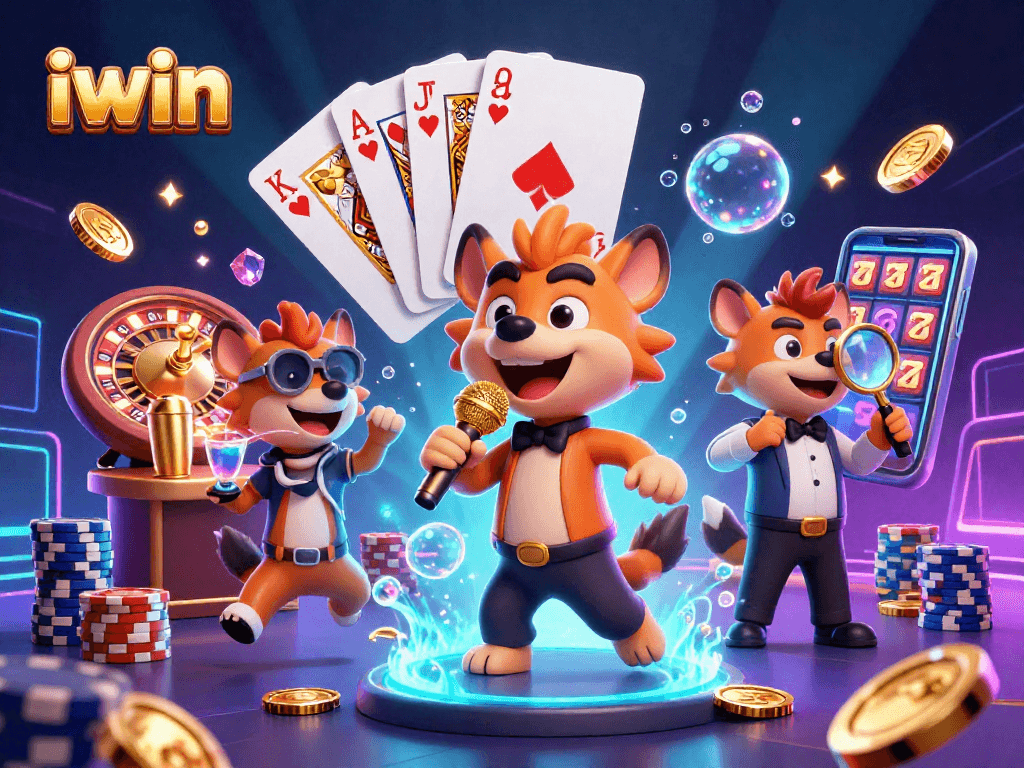 iwin hyenas perform comedy in a vibrant casino scene filled with gold coins and a roulette wheel.