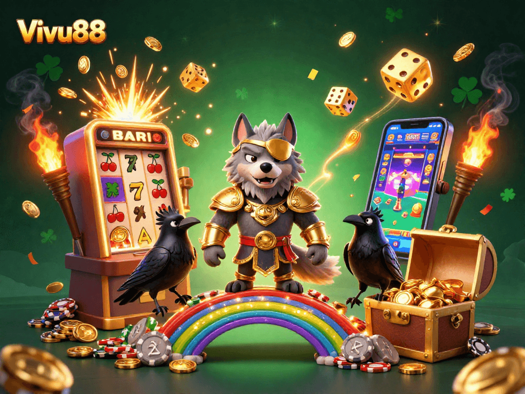 Experience the excitement of Vivu88 with a 3D illustration of Odin and his ravens amidst a casino-themed adventure.