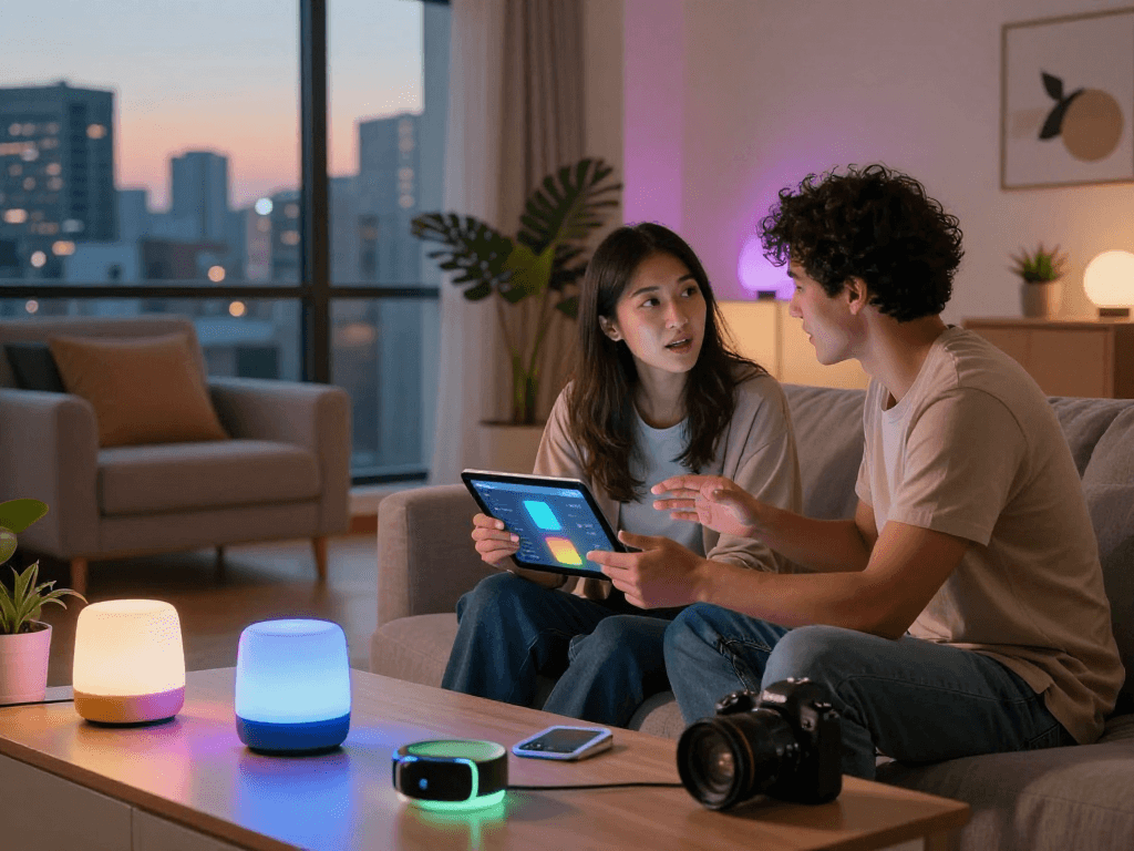 Couple exploring ai sex technology in cozy apartment with smart gadgets and warm lighting.