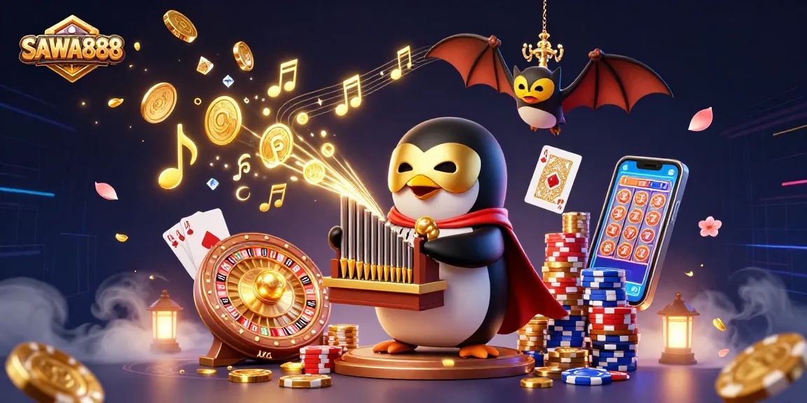 Experience thrilling gameplay with SAWA888 as golden coins cascade from a pipe organ in a vibrant casino scene.