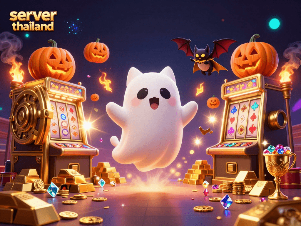 Engage with server thailand as friendly ghost cat and bat explore a lively casino backdrop full of gold and gems.