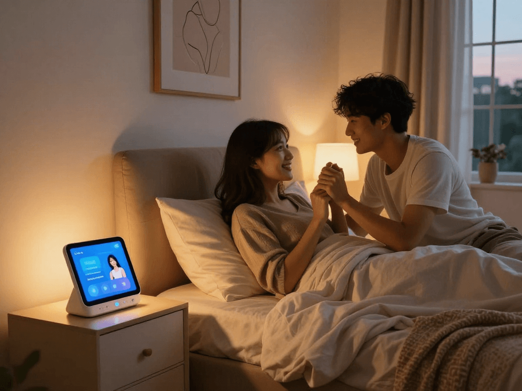 Couple enjoying ai sex technology in a warm bedroom, integrated smart devices create intimate atmosphere.