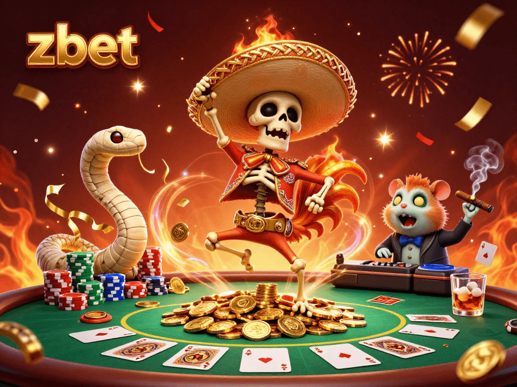 Enjoy an exciting party scene with zbet celebration, featuring animated characters and vibrant casino elements.