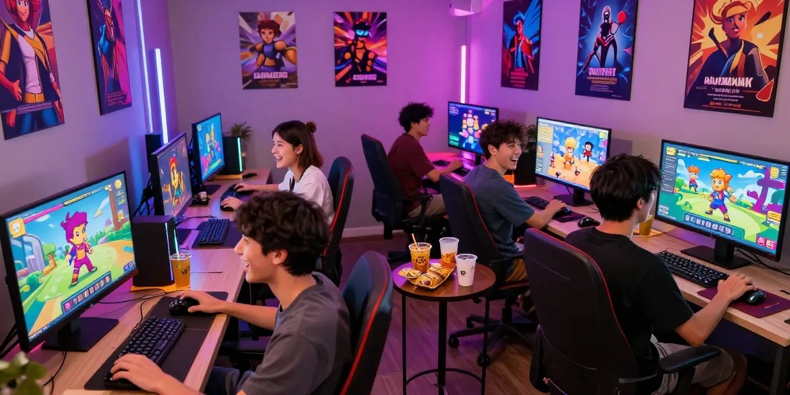 Engaging scene of players enjoying porngames in a vibrant gaming lounge with colorful character designs.