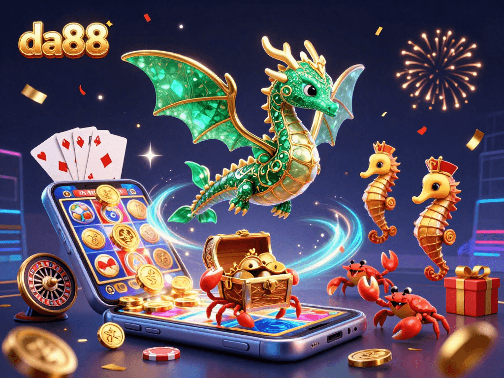 Experience da88 with a vibrant 3D illustration of a sea dragon amidst casino elements.