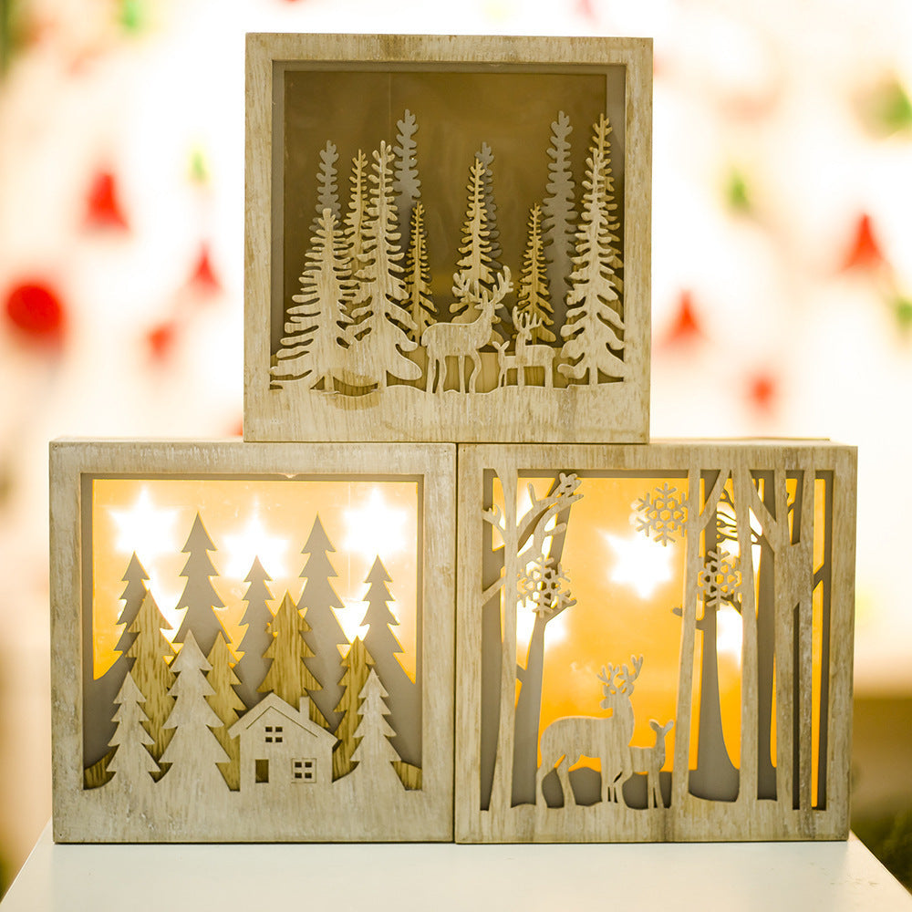 Christmas Wooden Luminous Small Square Box – Festive Decorative Ornament