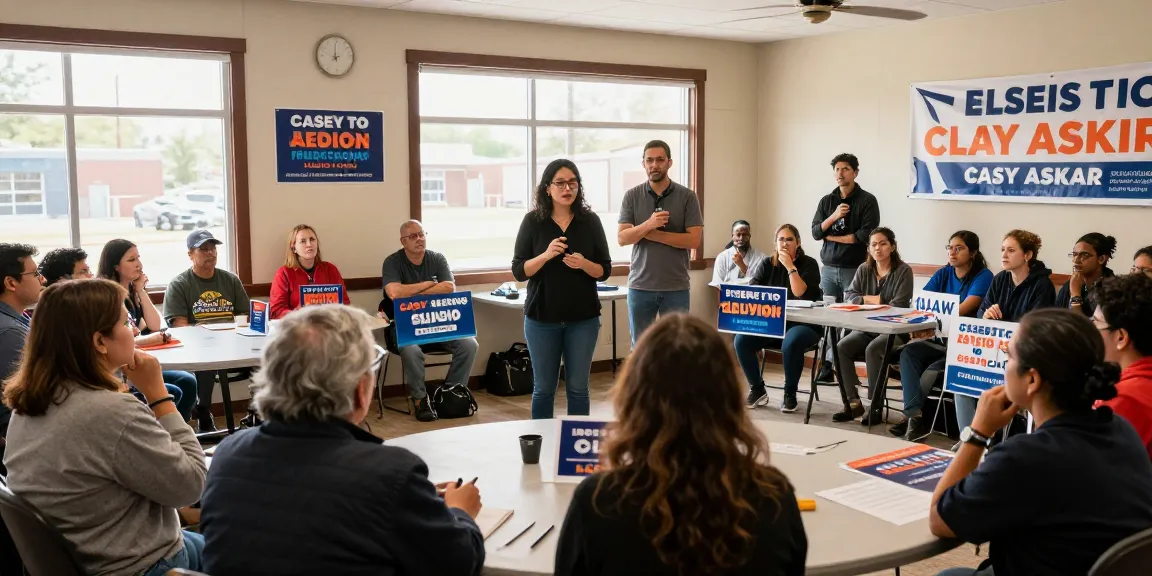 Casey Askar engaging with voters in a vibrant community setting during a town hall meeting.