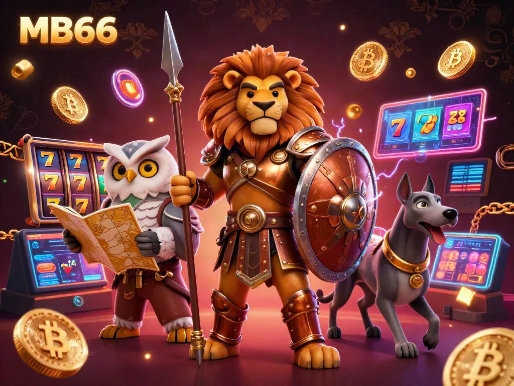 Bet on thrilling moments at MB66 with a captivating online casino scene featuring a brave Spartan lion, wise owl, and agile greyhound.