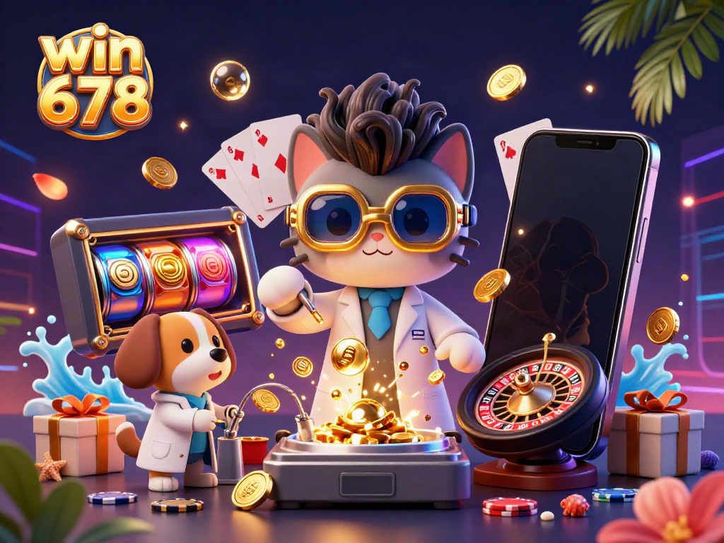 Experience the excitement of win 678 with a vibrant illustration showcasing casino elements and characters.
