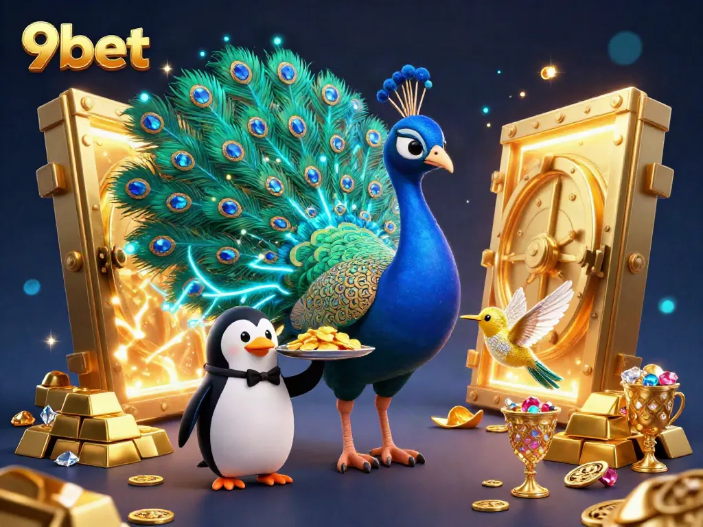 Engage with the vibrant world of 9bet where a peacock, penguin butler, and hummingbird celebrate casino riches.
