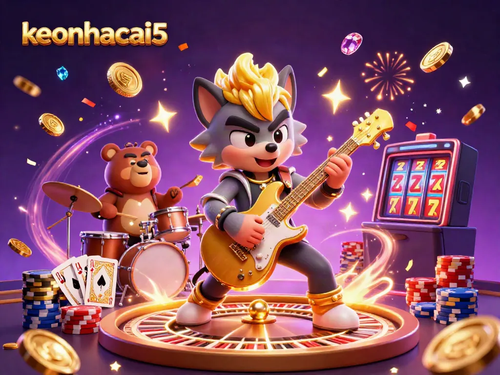 Experience the thrill of winning with keonhacai5, featuring a cartoon rock star wolf and drummer bear amidst casino excitement.