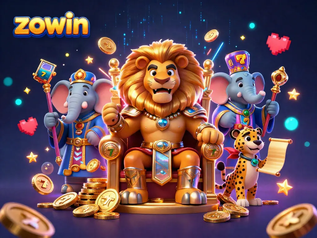 Zowin symbolizes thrilling casino action with a lion king, elephant advisor, and cheetah messenger amidst dynamic slot gaming elements.