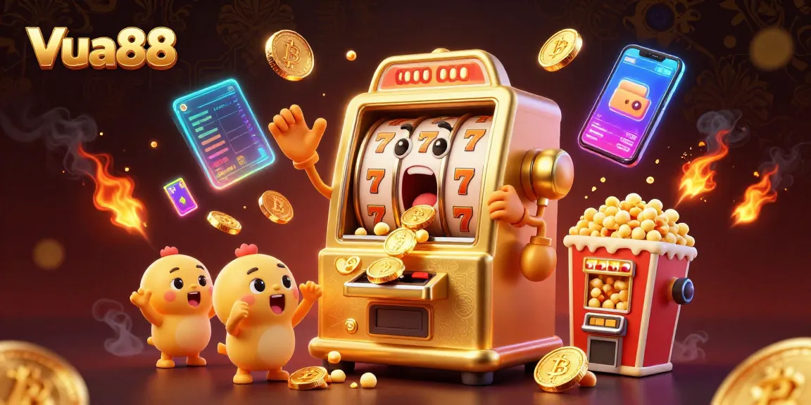 Vua88 slot machine hits jackpot, surrounded by cheering smaller machines and crypto coins.