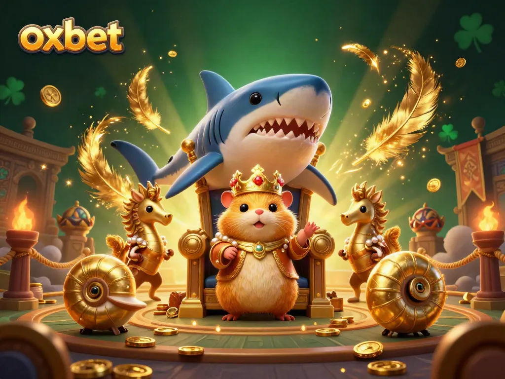 Experience the excitement of oxbet with golden hamster king on a shark throne, surrounded by casino elements.