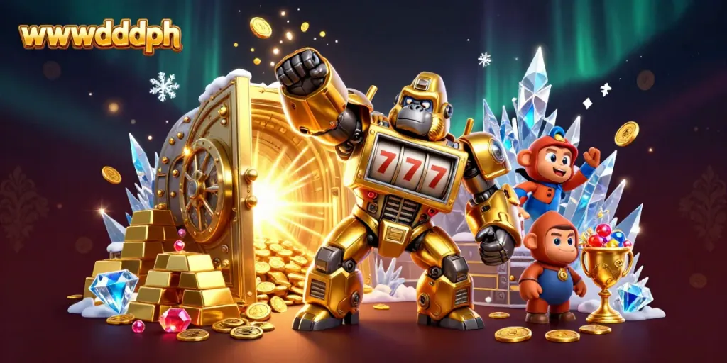 Engage in thrilling gameplay with wwwdddph, featuring a golden gorilla mech surrounded by riches and excitement.