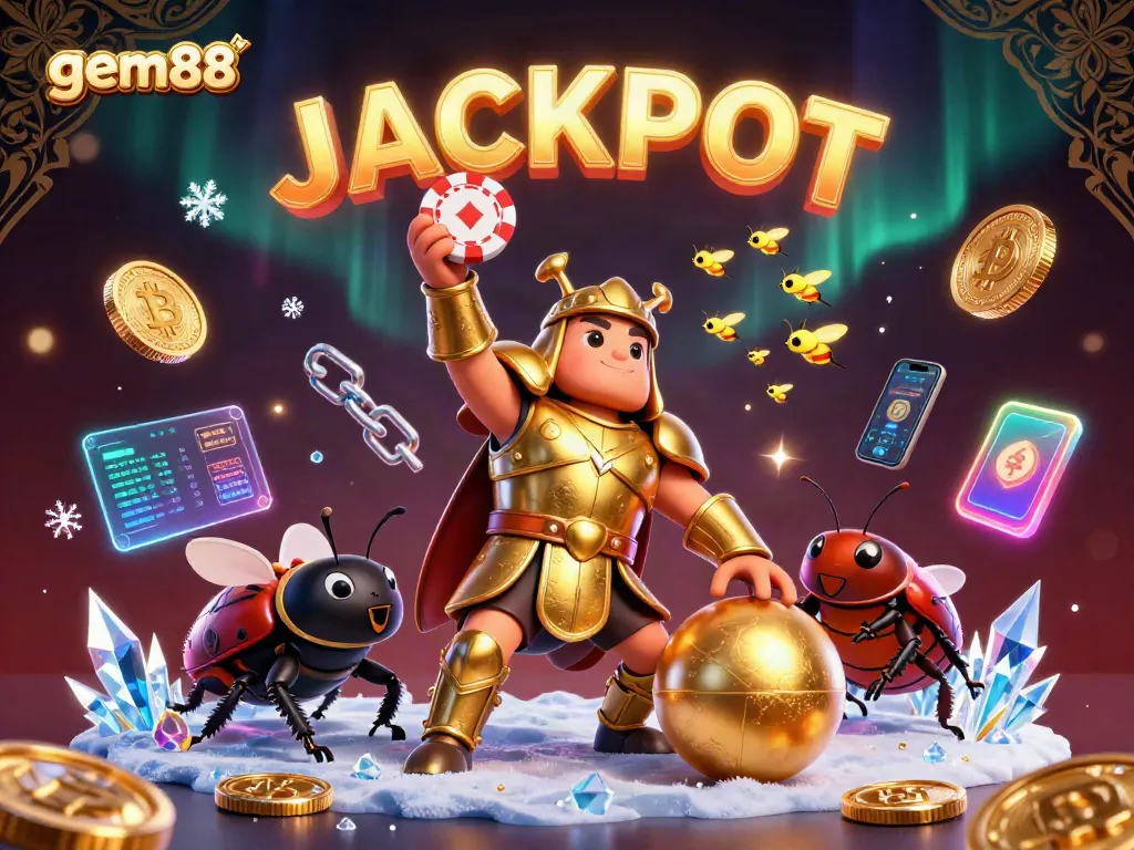 Experience the thrill of gem88's victory celebration with hercules beetles amidst dynamic gambling elements.