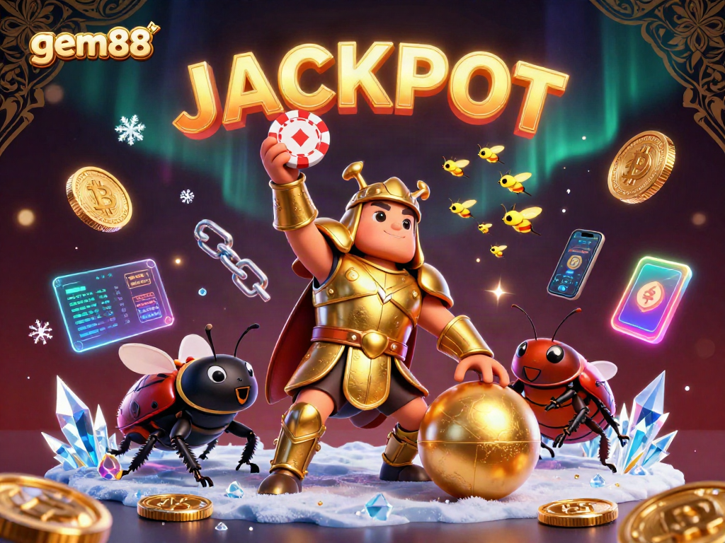 Experience the thrill of gem88's victory celebration with hercules beetles amidst dynamic gambling elements.