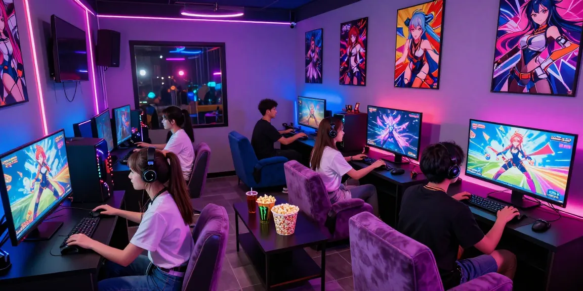 Engaging gaming lounge scene with friends playing femboy hentai games, vibrant decor, and neon lighting
