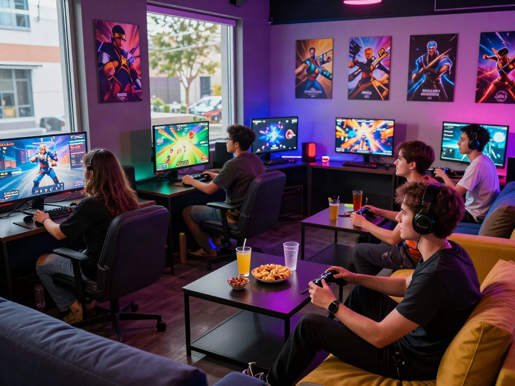 Young adults enjoying an immersive adult game experience in a vibrant gaming lounge.