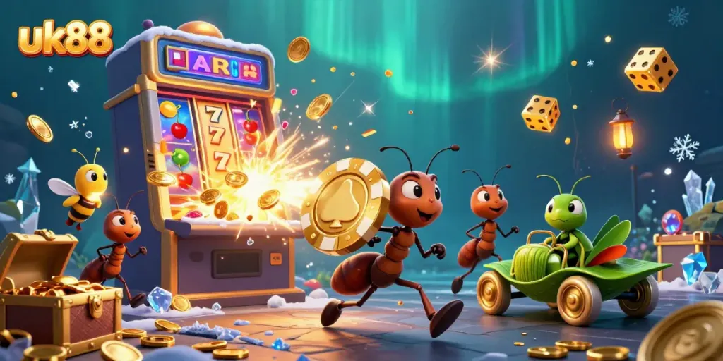 uk88 showcases ants heisting a giant poker chip amidst a dazzling jackpot explosion of casino symbols.