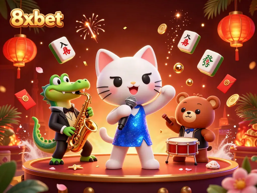 Engage with 8xbet's thrilling casino experience featuring vibrant 3D characters and festive decorations.