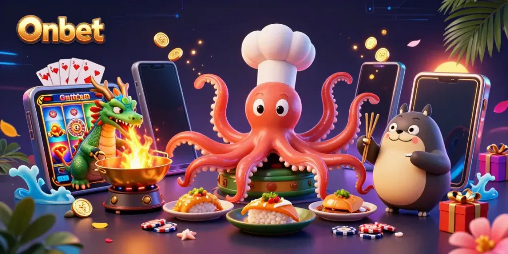 Experience the vibrant Onbet gaming scene with a sushi chef octopus and dragon enjoying thrilling action.
