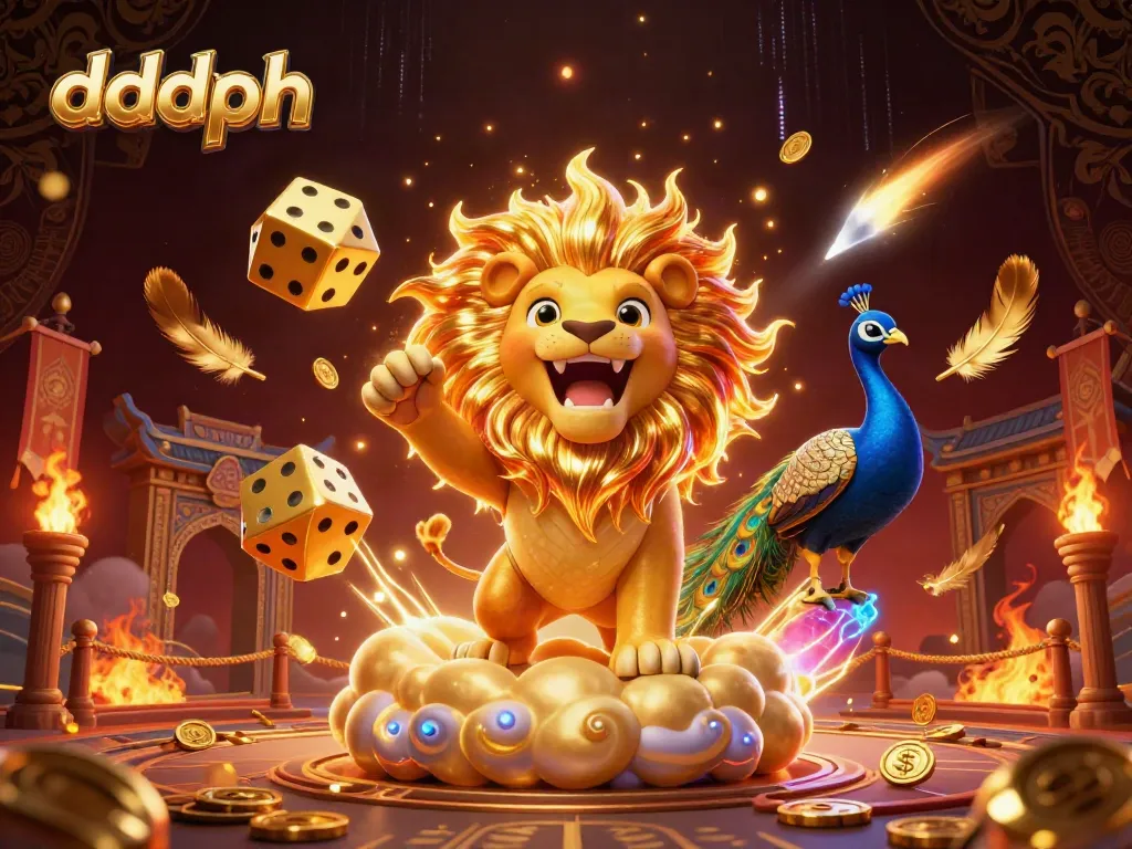 Engage with dddph's vibrant gameplay through a dazzling casino-themed illustration featuring a roaring lion and golden dice.