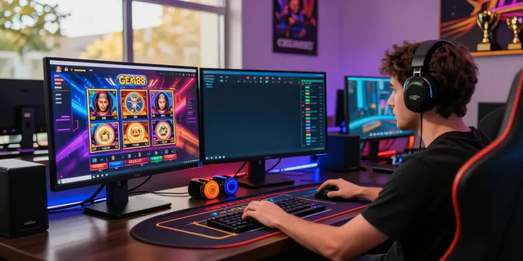 A vibrant GEM88 gaming setup with a player engaged in online gaming, featuring multiple screens and dynamic visuals at http://gem88-mobile.com.