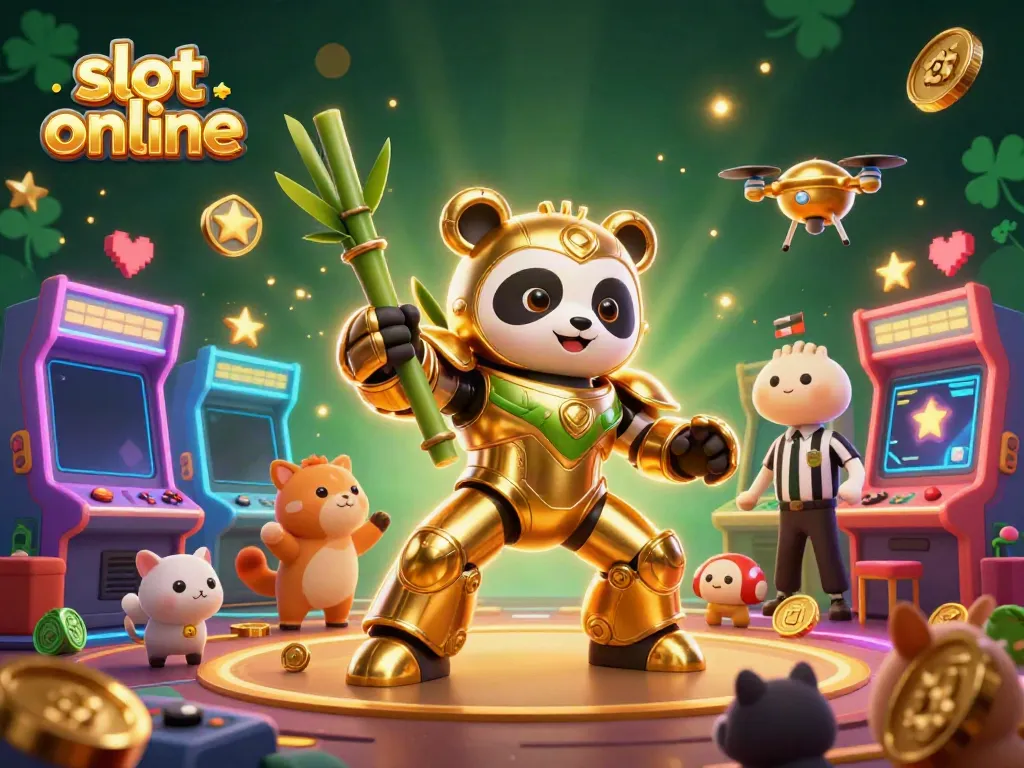 Engage with the vibrant slot online scene featuring a golden panda in a mech suit amidst arcade elements.