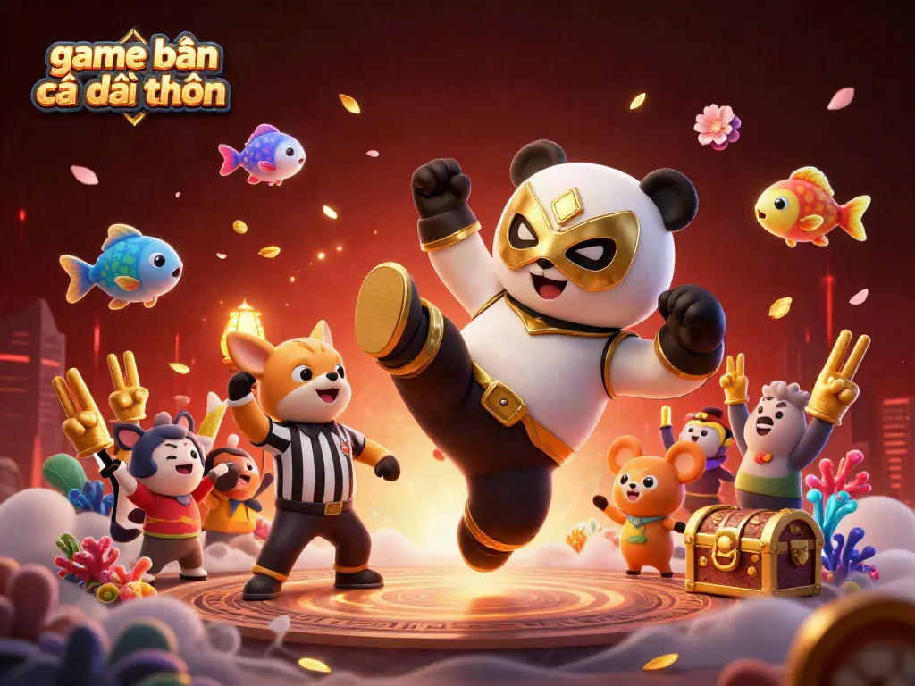 Experience the thrill of game bắn cá đổi thưởng with cute characters celebrating in a lively, colorful underwater scene.