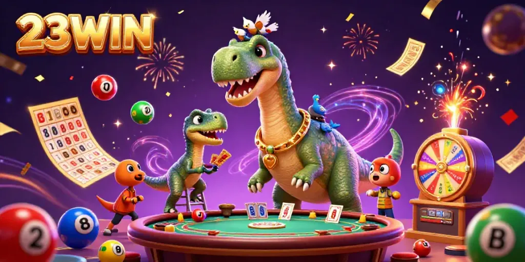 Experience the excitement of 23WIN with vibrant casino characters and lottery elements in a thrilling scene.