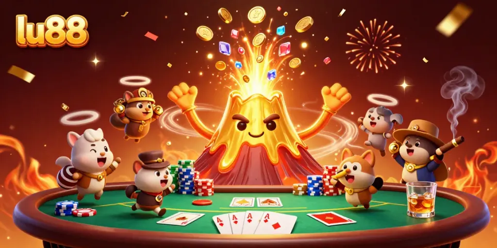 Experience the thrill of gambling with lu88 as the golden volcano erupts coins while players chase treasure in a festive casino scene.