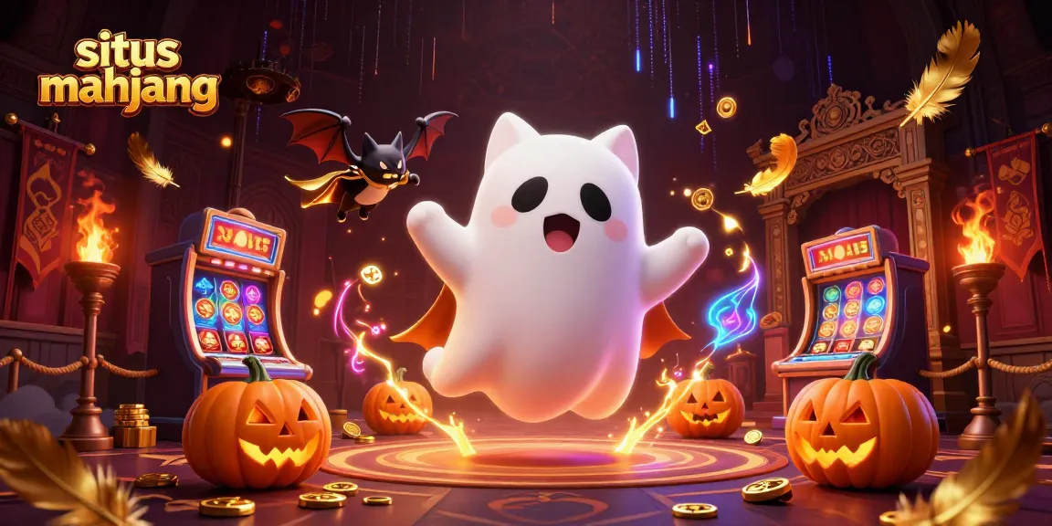 Experience the excitement of situs mahjong with a playful ghost cat and vampire bat in a vibrant casino.