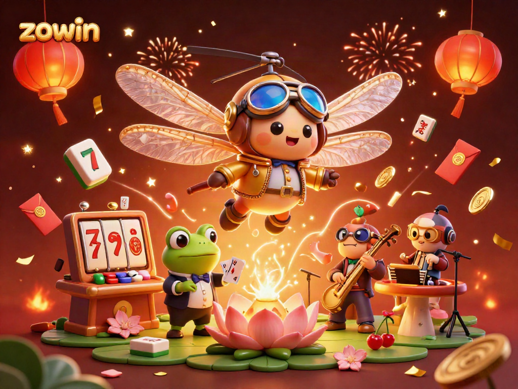 zowin-themed casino scene featuring a dragonfly pilot and frog croupier in a lively setting.
