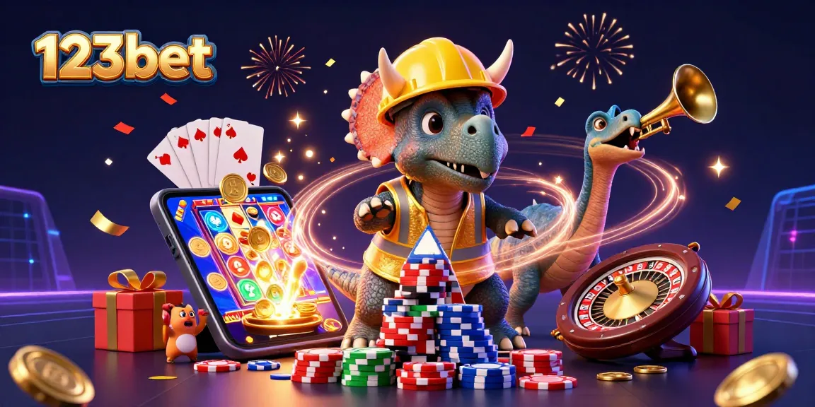 Engage with 123bet in a vibrant 3D casino illustration featuring dynamic gaming elements and cheerful characters.