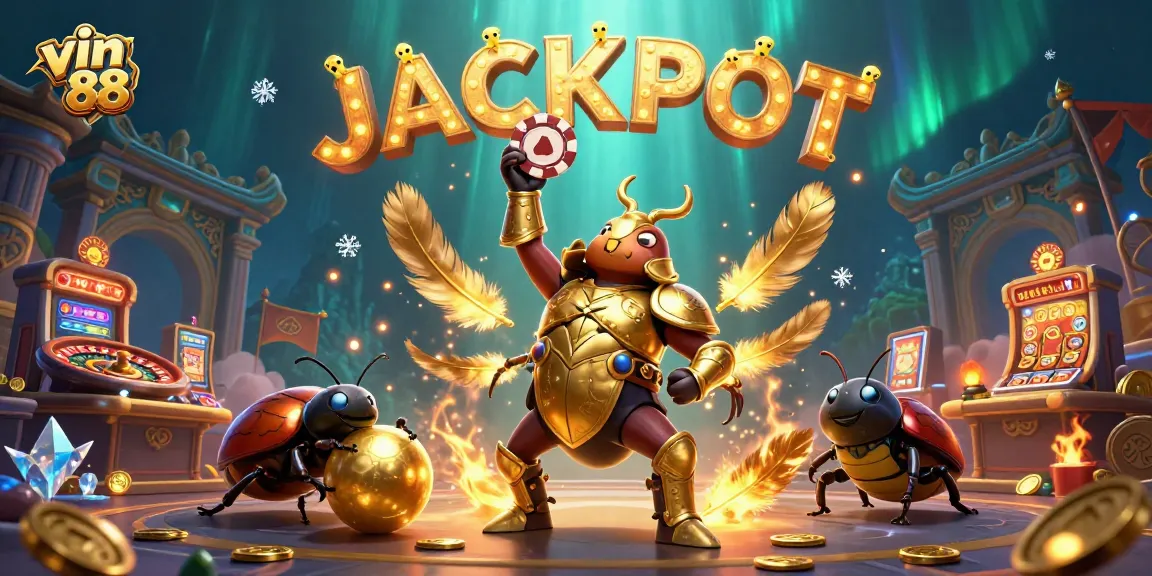 Experience vin 88 with a victorious beetle championing casino excitement and vibrant games.