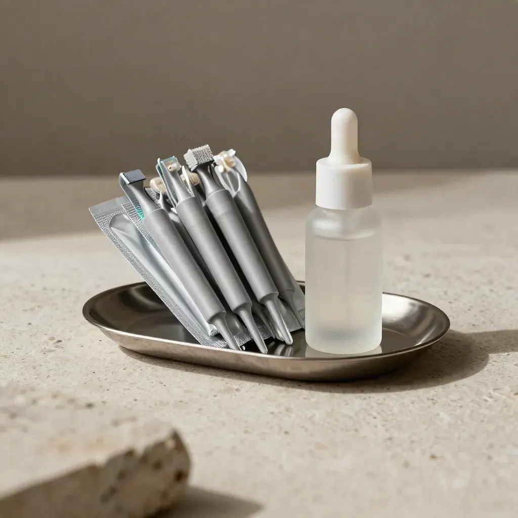 Microneedling cartridges, frosted serum bottle, and metal tray on travertine