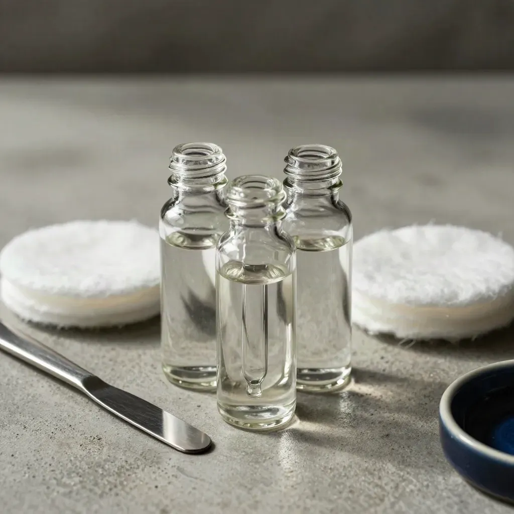 Glass pipette bottles, cotton rounds, and a metal spatula on brushed concrete under dramatic studio light.