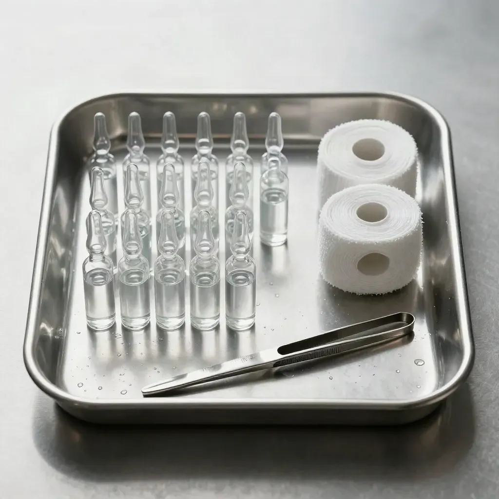 Stainless treatment tray with ampoules, gauze rolls and tweezers in a clinical macro still life.