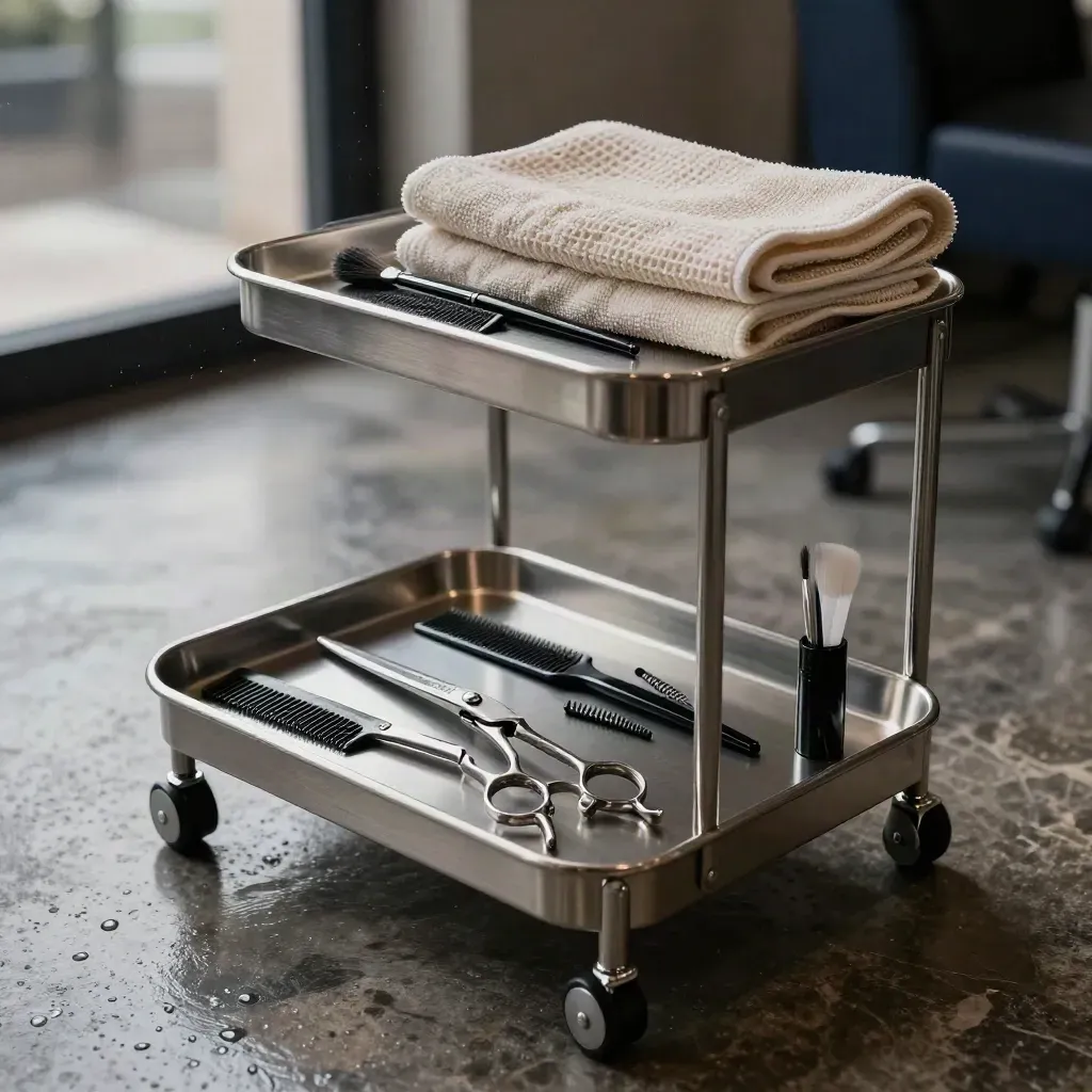 Brushed-steel salon trolley tray with shears, combs, clips, brush, and towels in soft rain light.