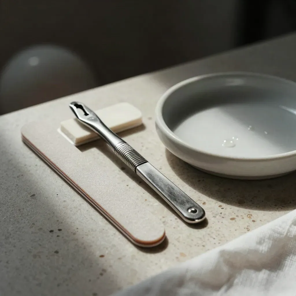 Manicure kit on travertine: steel cuticle pusher, buffer blocks, nail files, and ceramic dish.