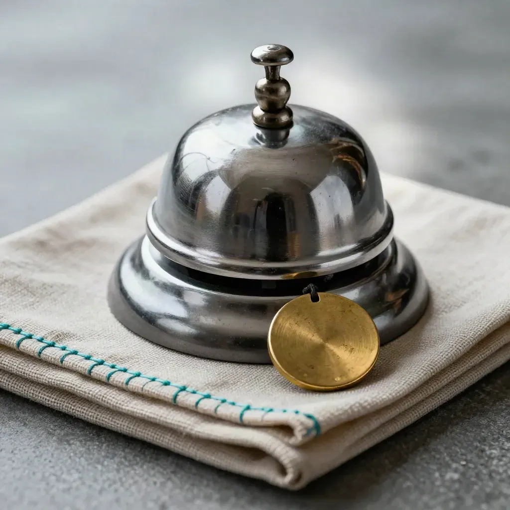 Chrome bell and brass token on folded linen mat, shot as a crisp macro still life on stone.