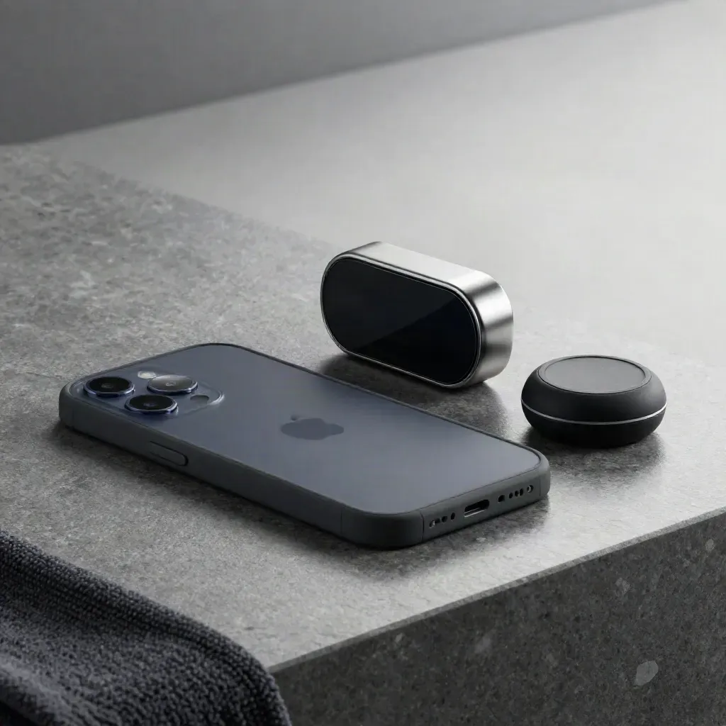 Face-down phone, studio timer, and vibration puck on a graphite salon surface.