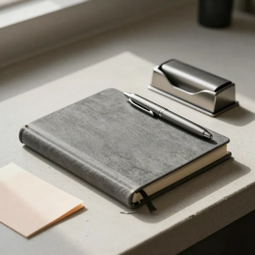 Closed ledger, capped steel pen, and paperweight clip on a pale concrete salon counter.