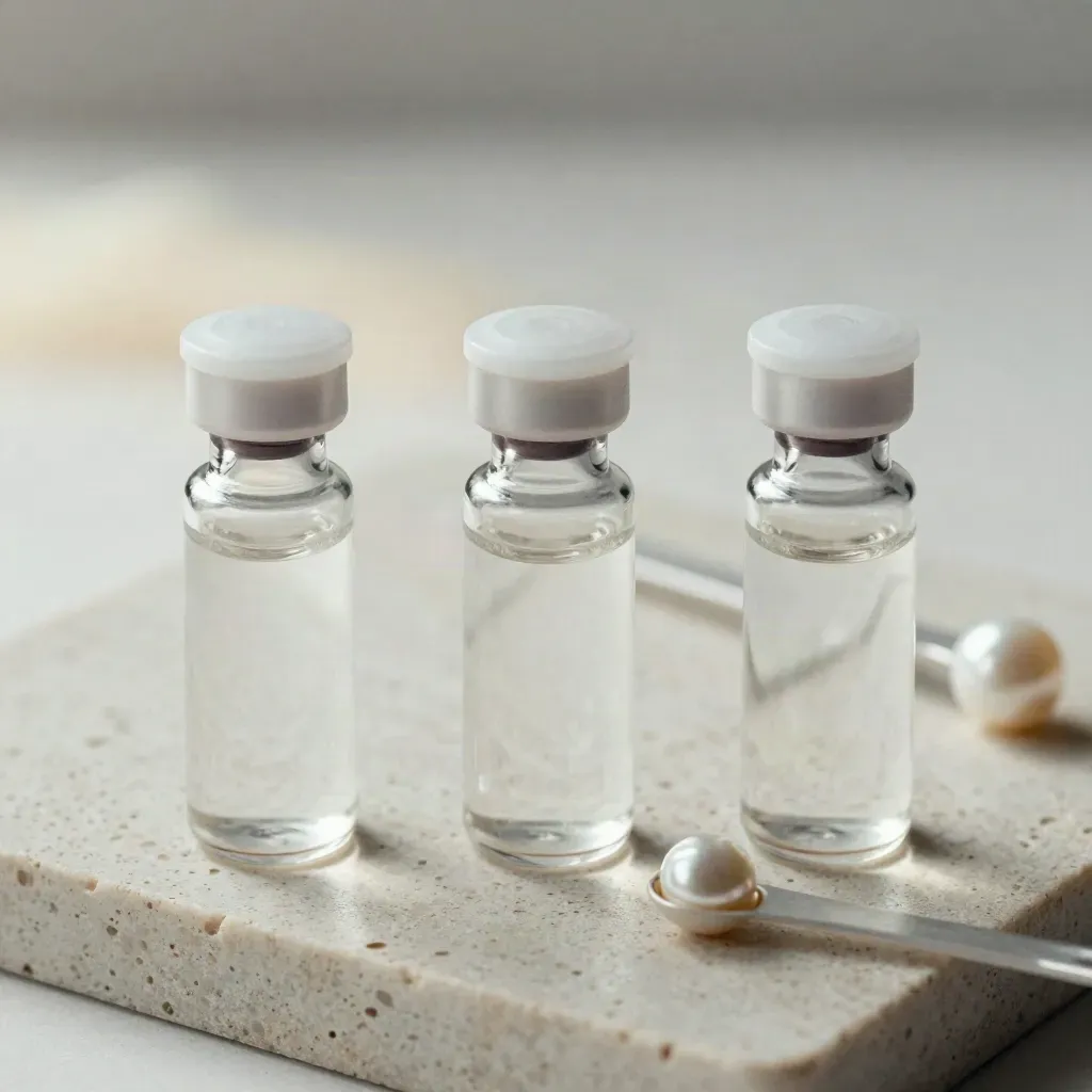 Top-down macro of sealed treatment vials, a refill bottle, and a measuring spoon on pale stone.